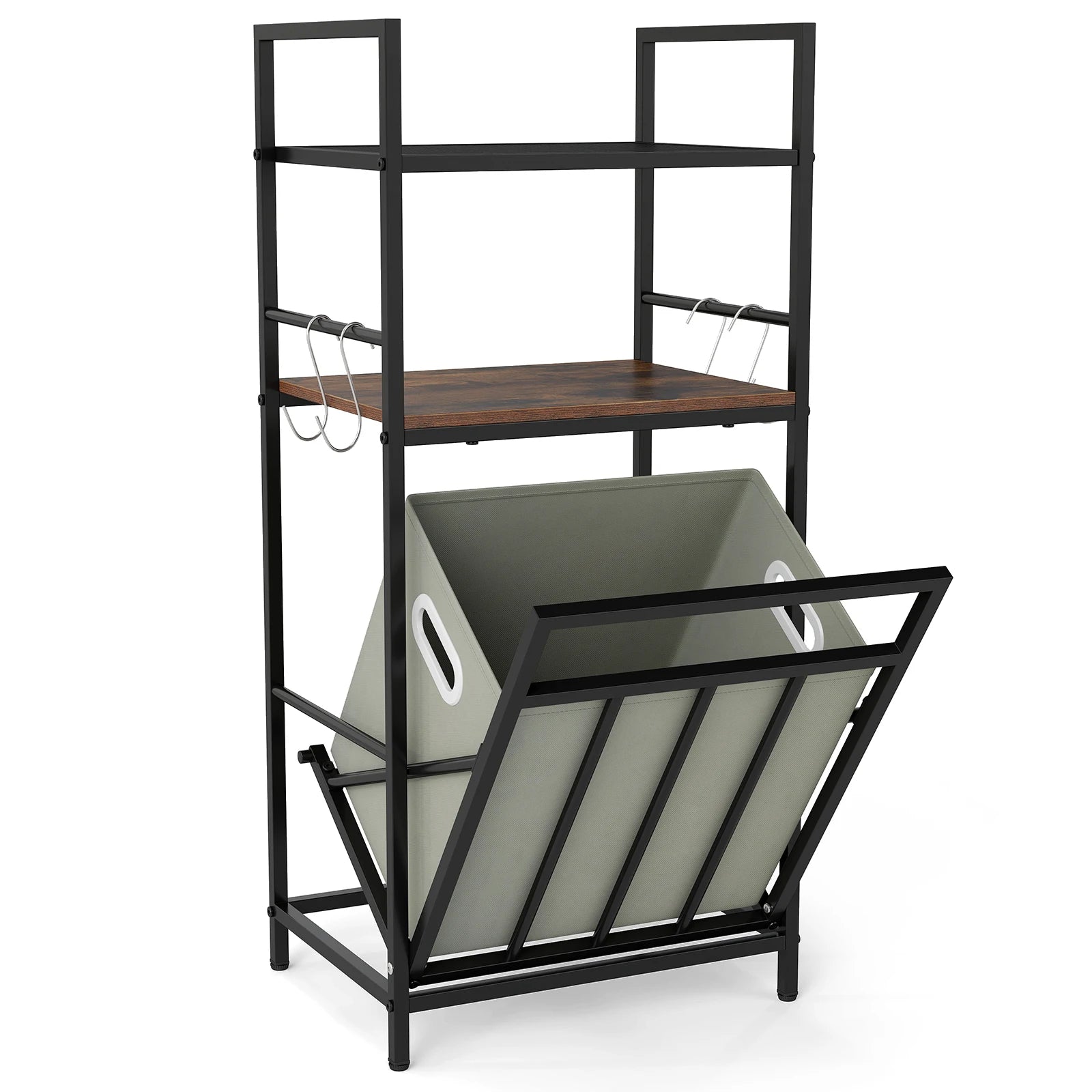 2-Tier Laundry Hamper w/ Tilt-out Basket, Laundry Sorter w/ 4 Hooks & Removable Bag