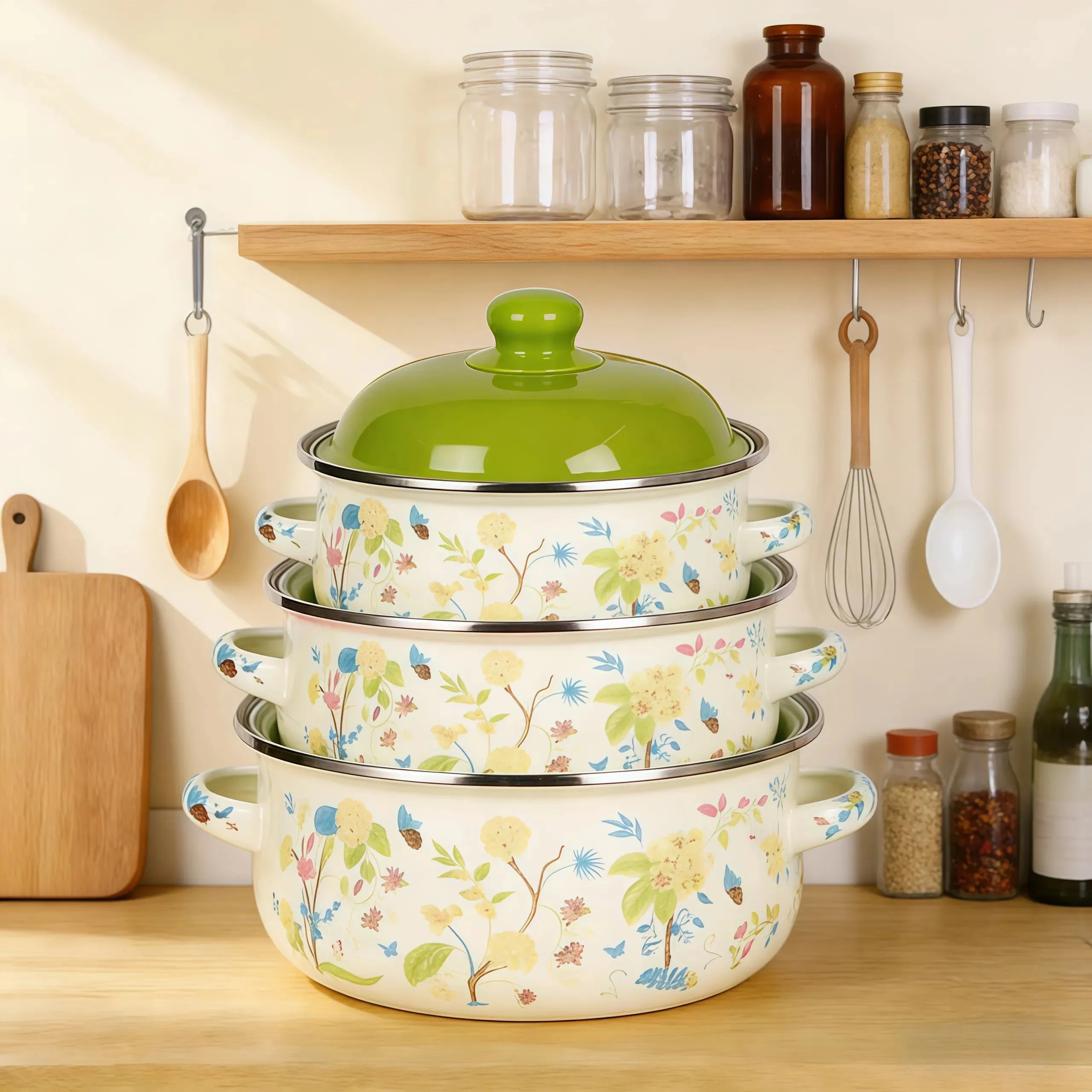 3Pcs Vintage Enamel Stock Pot Set with Lids,  Dual Handles & Flat Bottoms  for Induction & Gas Stoves