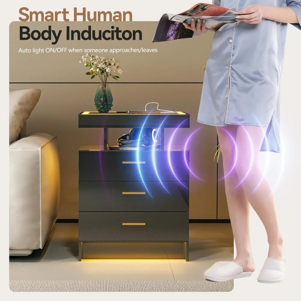 Black Night Stand Set 2  with Wireless Charging 3 Drawers Glass Top