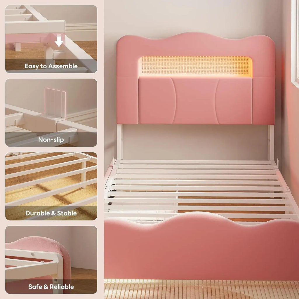 Twin LED Bed Frame ,  Bookcase , Headboard 2 drawers,  Velvet Platform.  Charging Station ,  No Box Spring