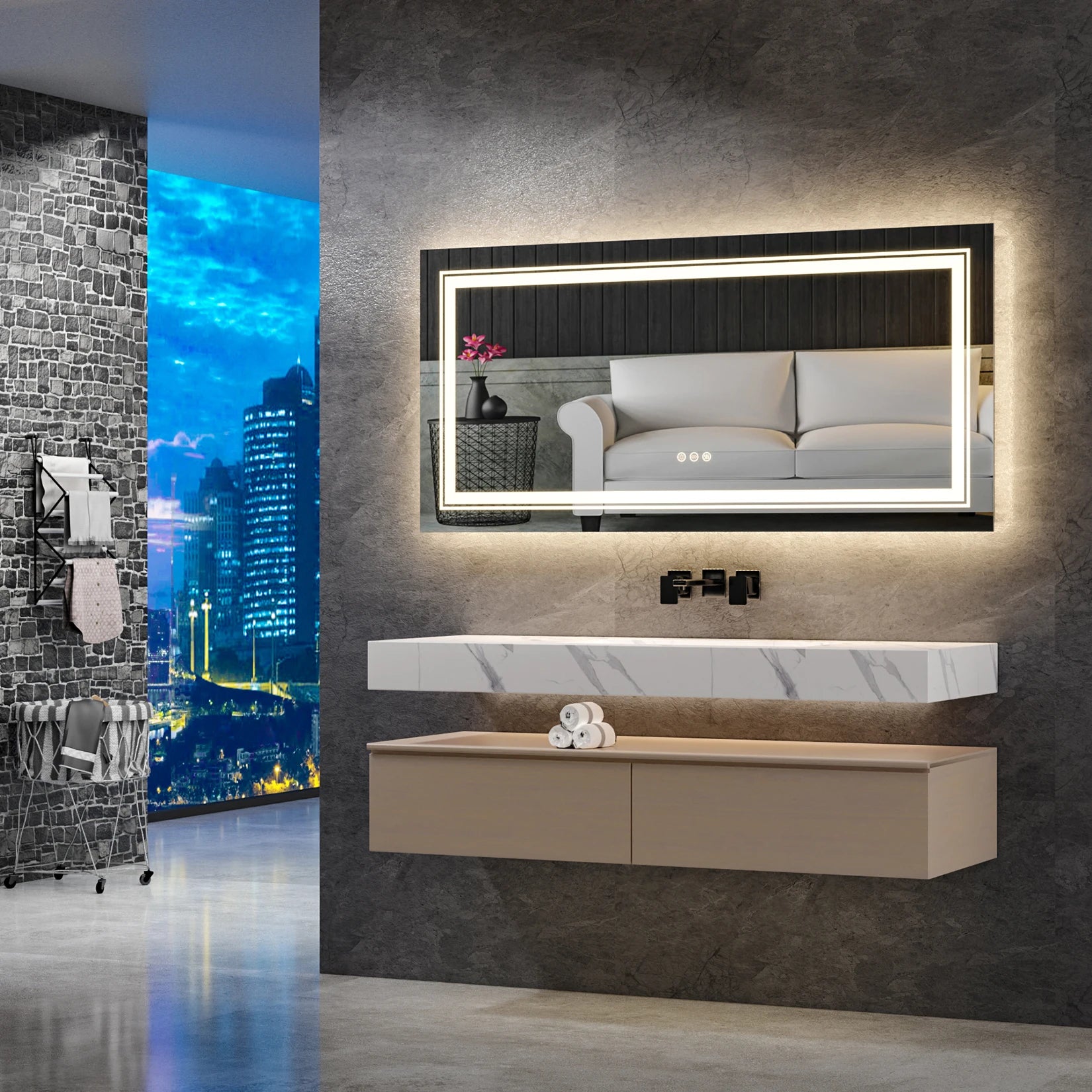 Extra Large Rectangle Bathroom Mirror LED  Dimmable Backlit Anti-Fog Memory with Front and Backlight Shatter-Proof