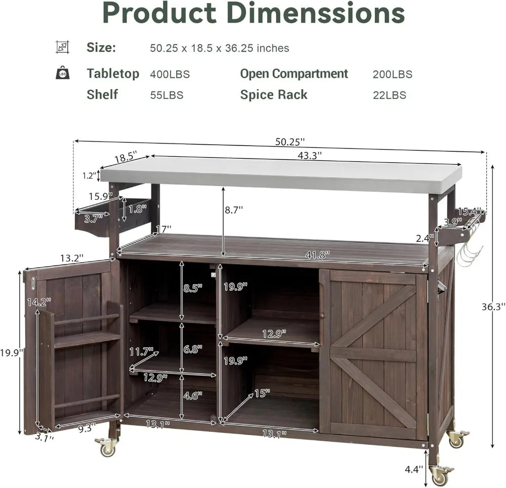 Outdoor Bar Cart with Storage, Portable Rolling Kitchen Island, Stainless Steel Top for Grill  Dark Brown