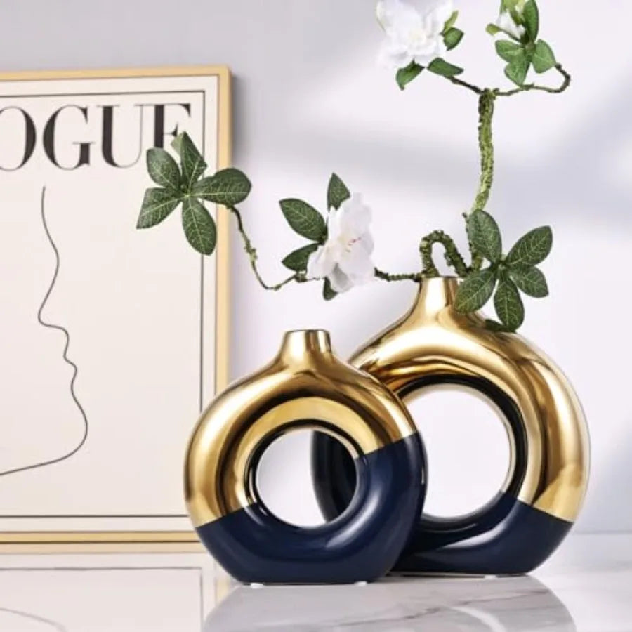 Gold and Navy Blue Ceramic Donut Vase Set of 2,