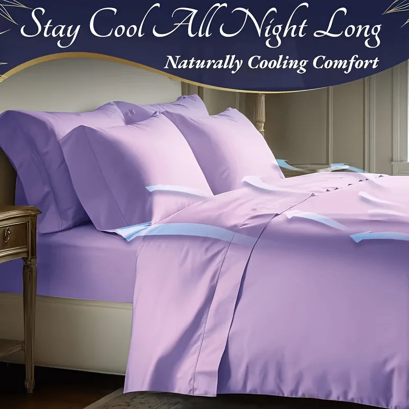 4pcs Bamboo Cooling Bedding Set, Extra-Deep Pockets, Breathable Sheets for Hot Sleepers, W/ Pillow Cases, Flat & Fitted Sheets