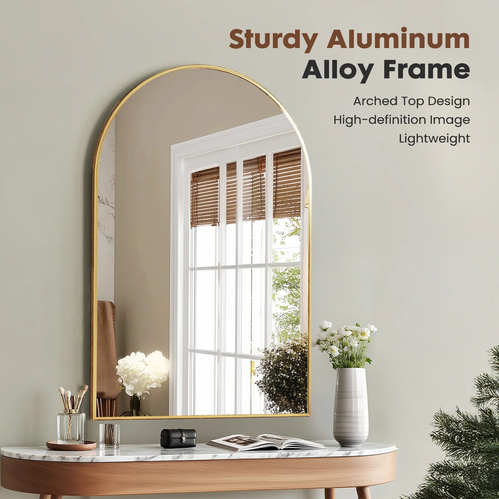 JHK  Arched Bathroom Mirror, 26x38" Metal Framed Wall Mirror for Vanity, Bedroom, & Archway