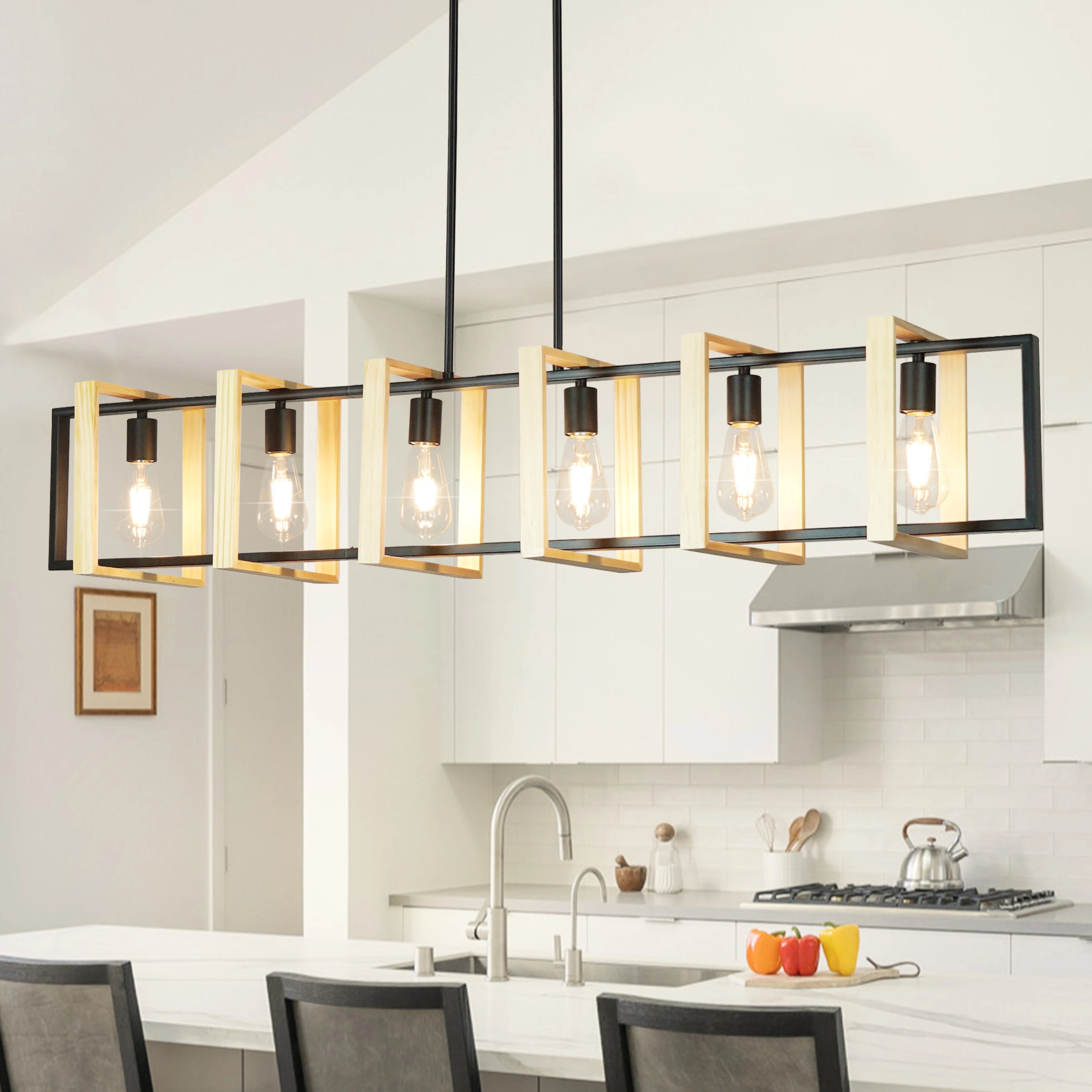 Modern Farmhouse Kitchen Island Light with Wood Shades- Dimmable  Chandeliers for Kitchen, Dining Room