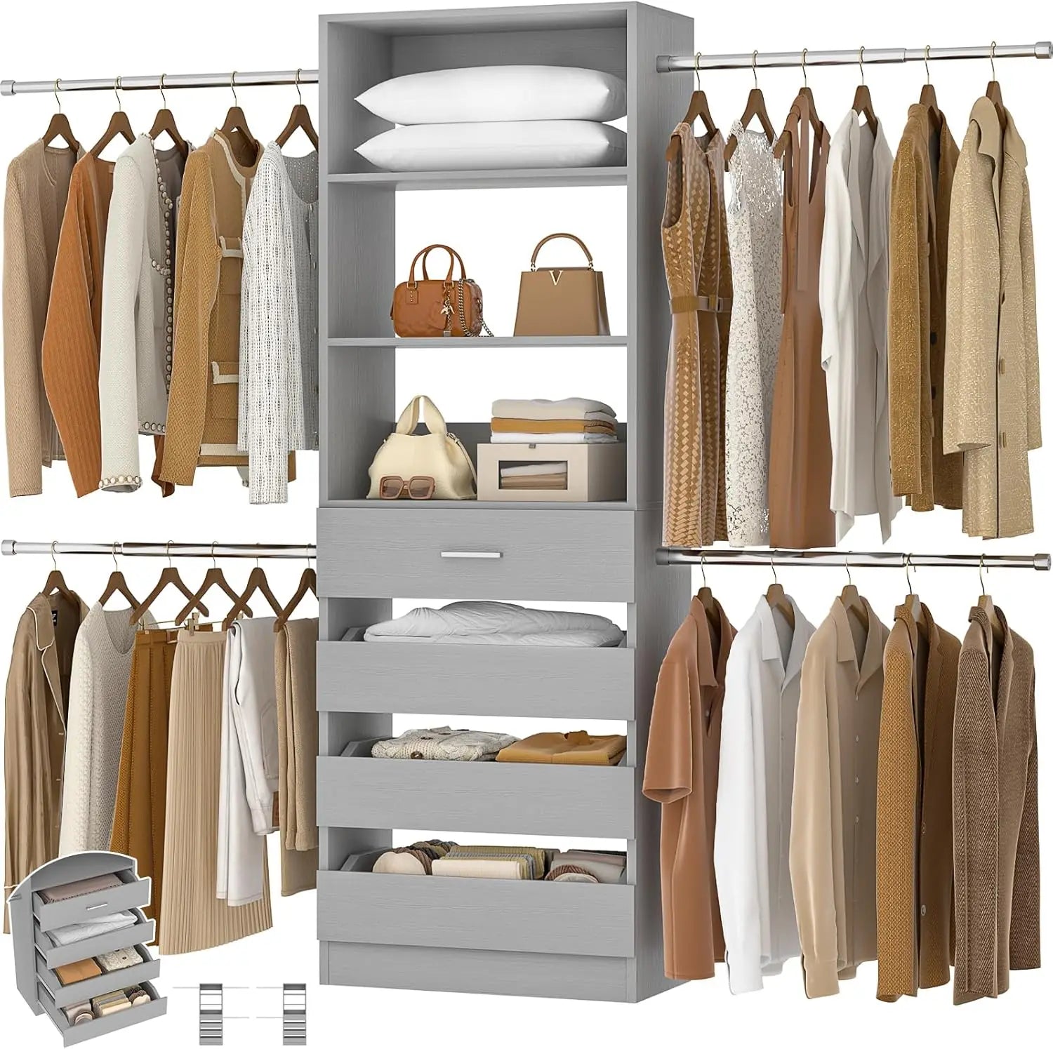 , 4-9Ft Closet Organizer with 4 Wooden Drawers,
