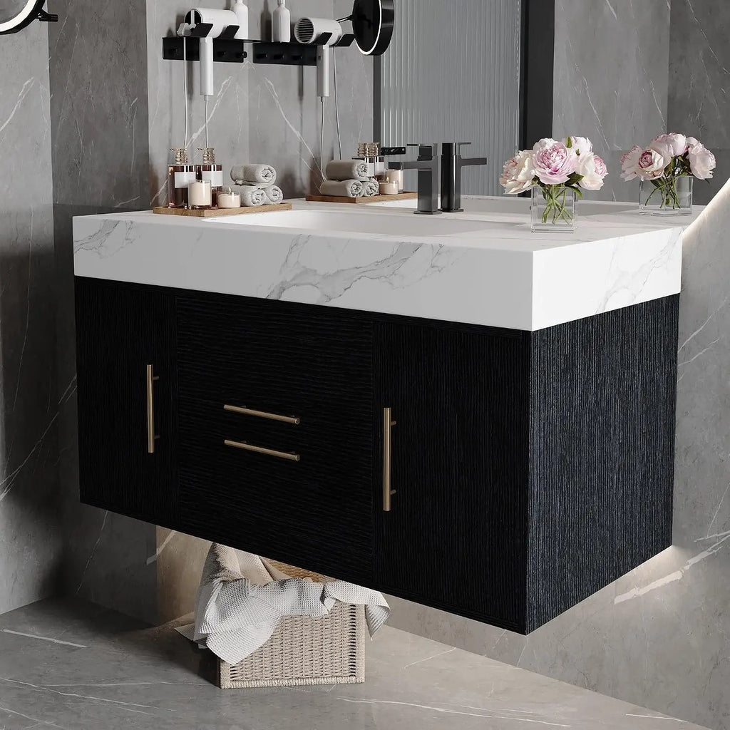 40" Modern Black Wall-Mounted Bathroom Vanity  with Ceramic Sink