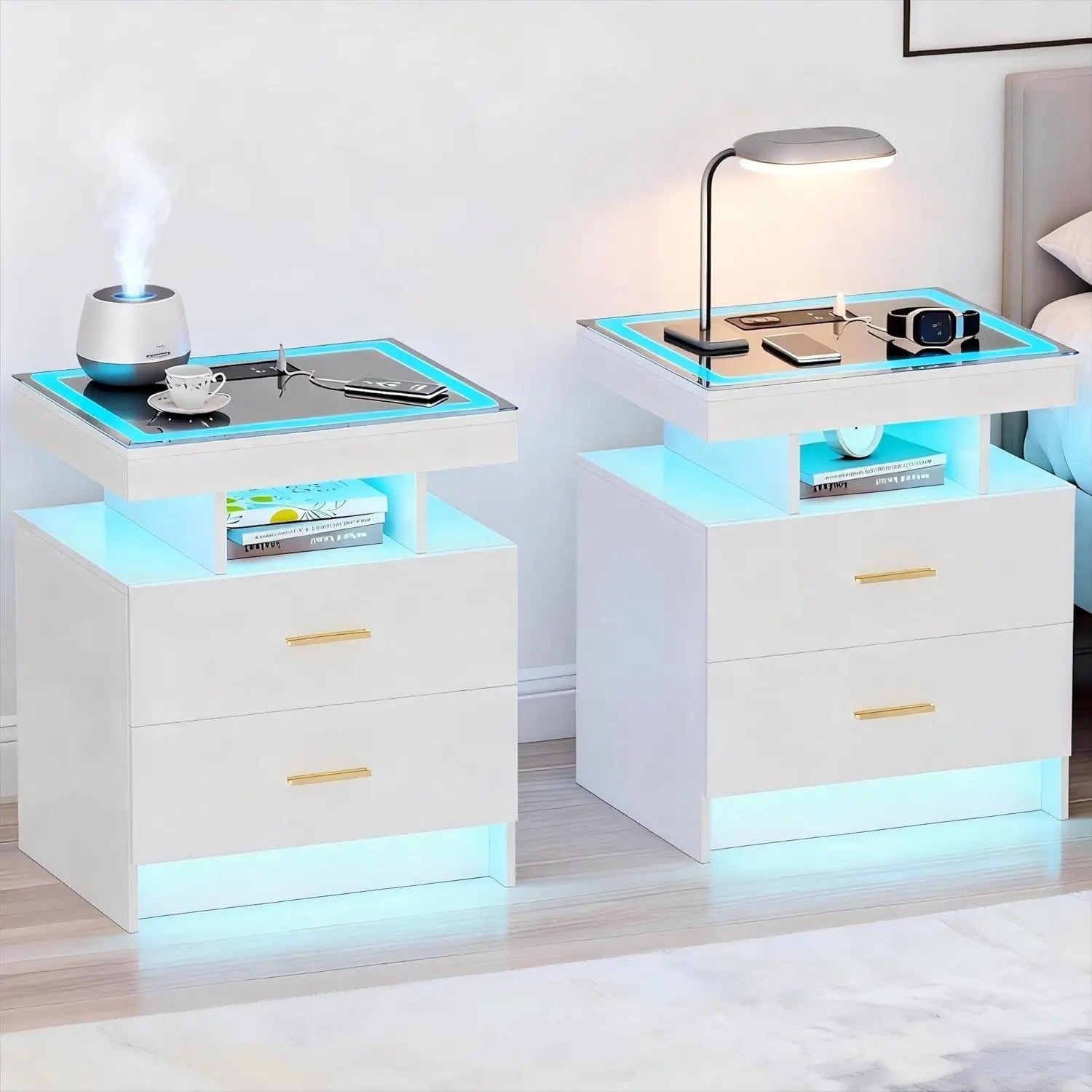 Nightstands with Wireless Charging , Auto Sensor 3 Color Dimmable LED
