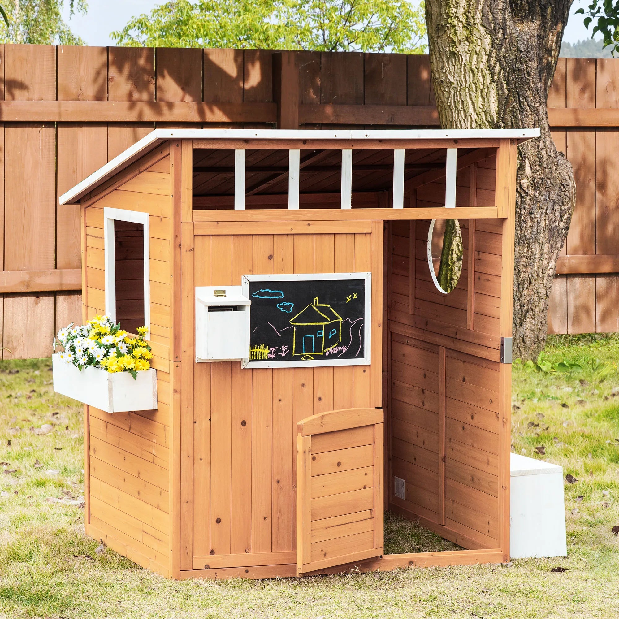 Wooden Playhouse for Kids Outdoor with Working Door, Windows, Mailbox, Bench, Flowers Pot Holder, 48" X 42.5" X 53"