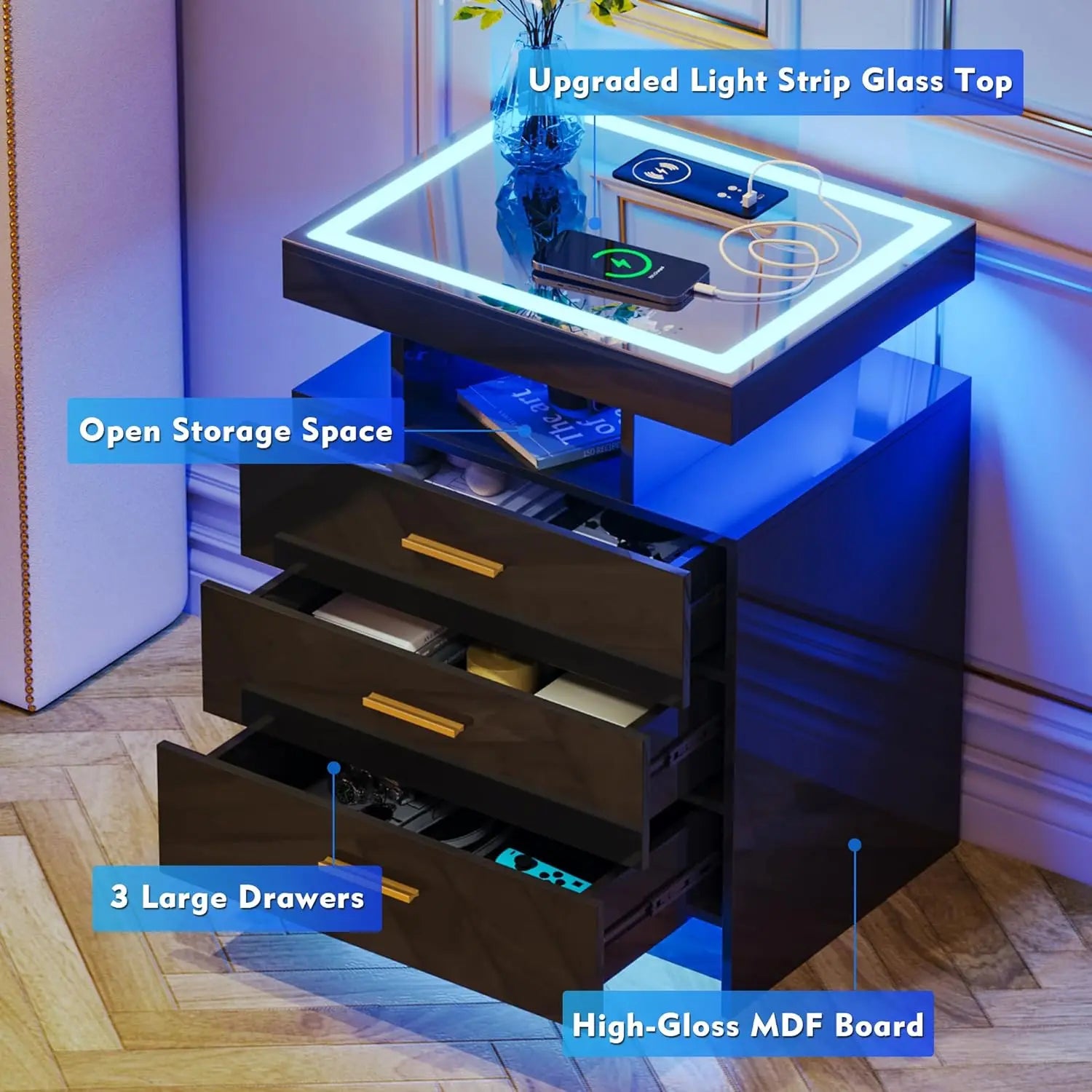 Nightstands with Wireless Charging , Auto Sensor 3 Color Dimmable LED