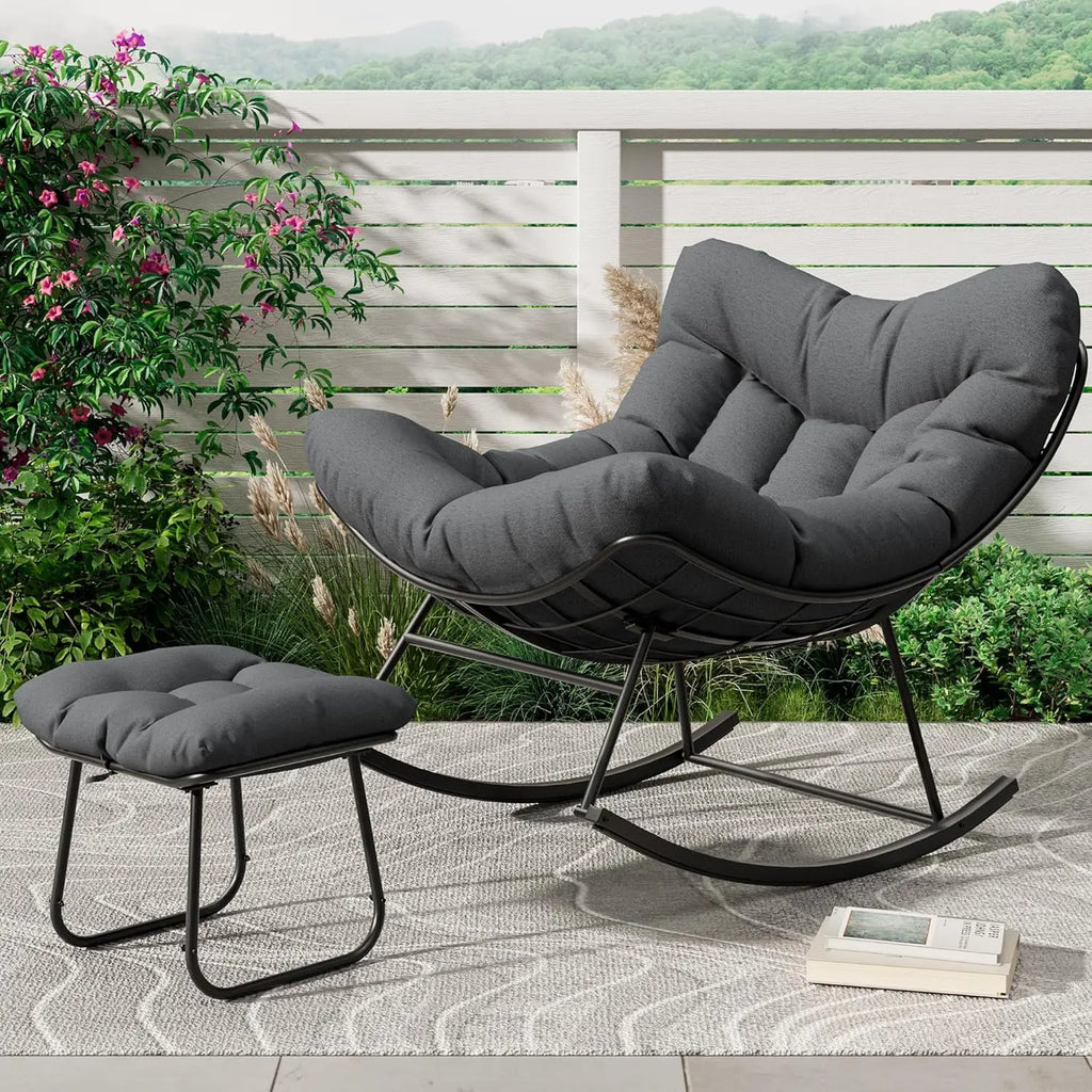Outdoor Oversized Papasan Rattan Egg  Rocking Chair with Footrest, For, Patio ,  Balcony, Backyard ,Porch, Bedroom.