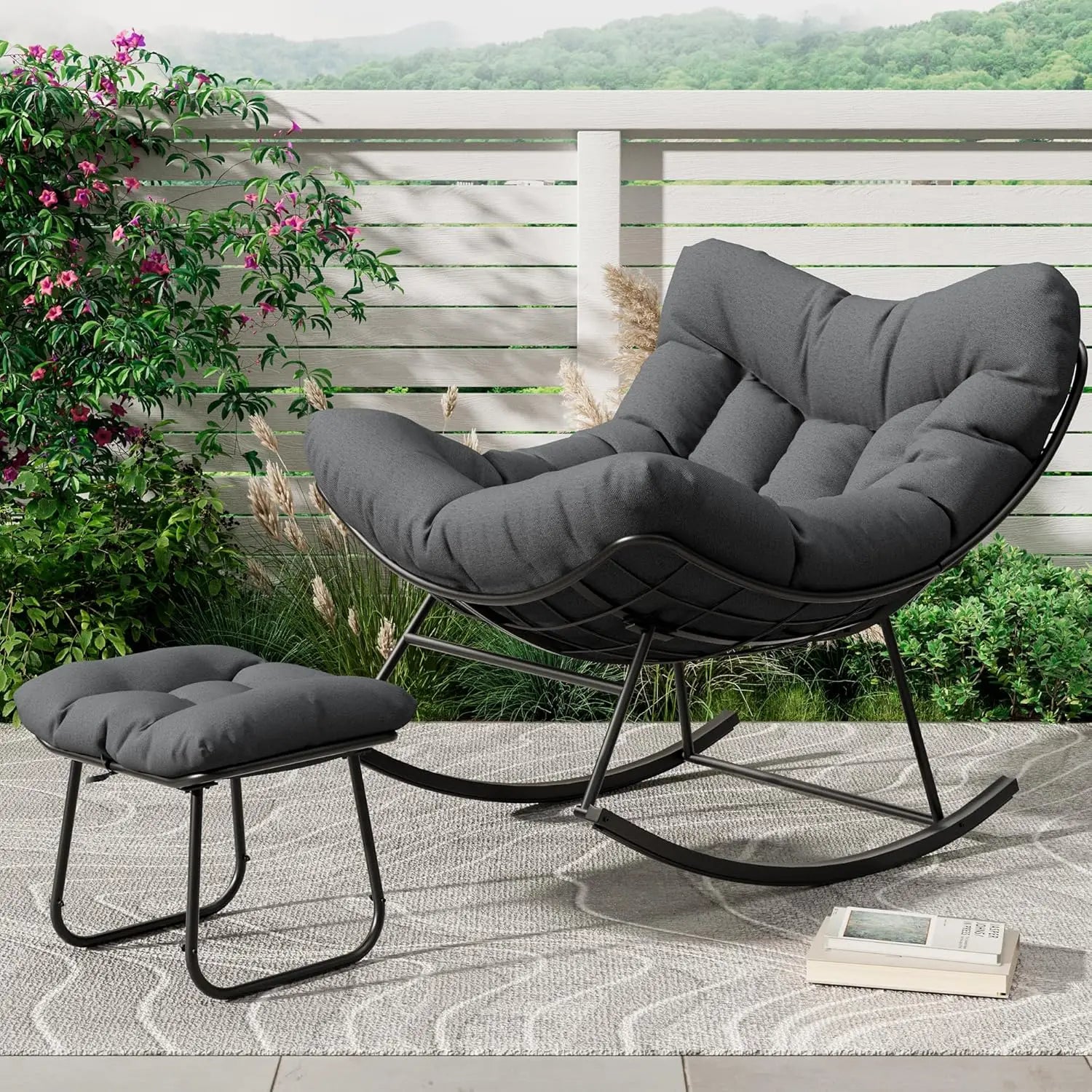 Outdoor Oversized Papasan Rattan Egg  Rocking Chair with Footrest, For, Patio ,  Balcony, Backyard ,Porch, Bedroom.