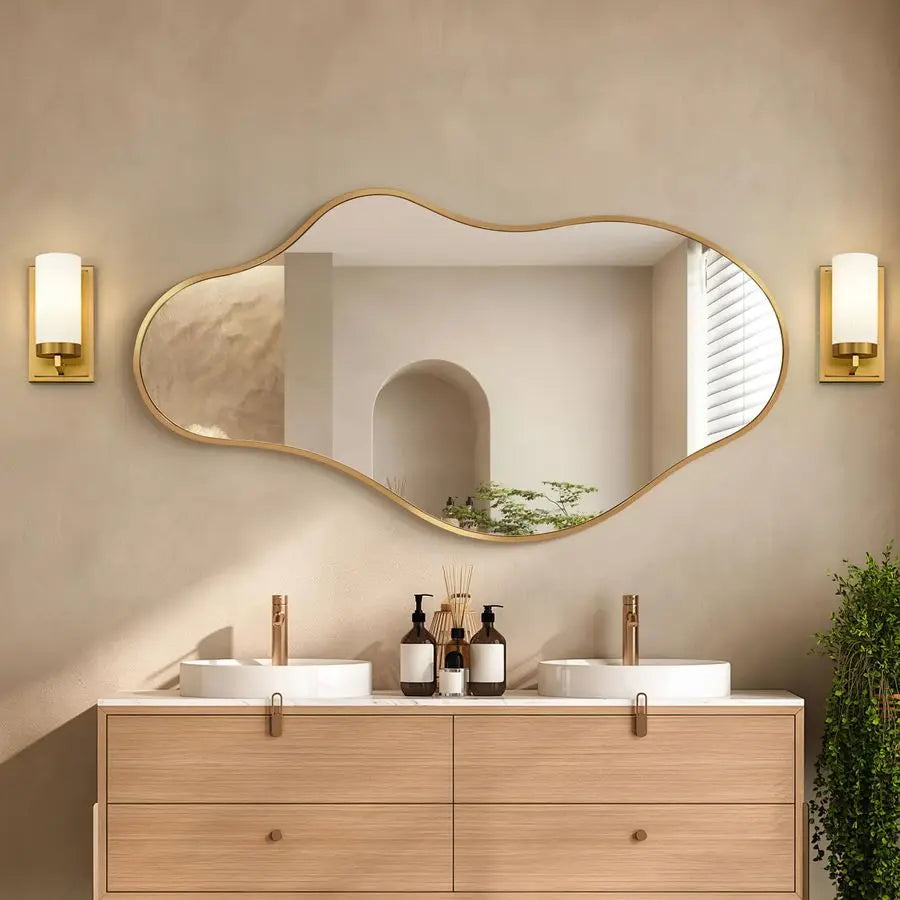 Wall cloud wavy Mirror, 20x36 Gold Abstract Asymmetrical  for Wall, Decorative