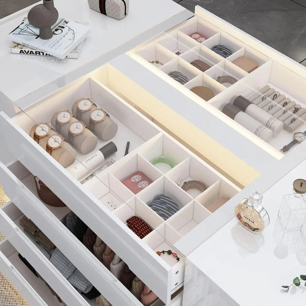 Bedroom Island Wardrobe Closet Dresser with 16 Drawers  Glass Tabletop,  with Jewelry Organizer,