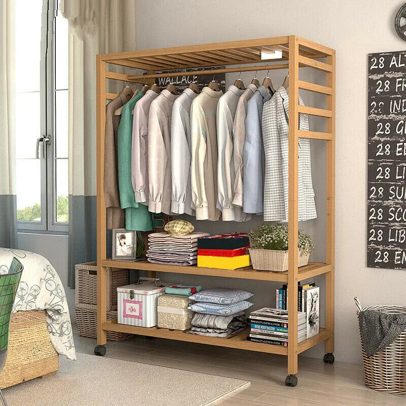 Heavy Duty Wooden Clothes Rail Rack Hanging Stand Side Hooks