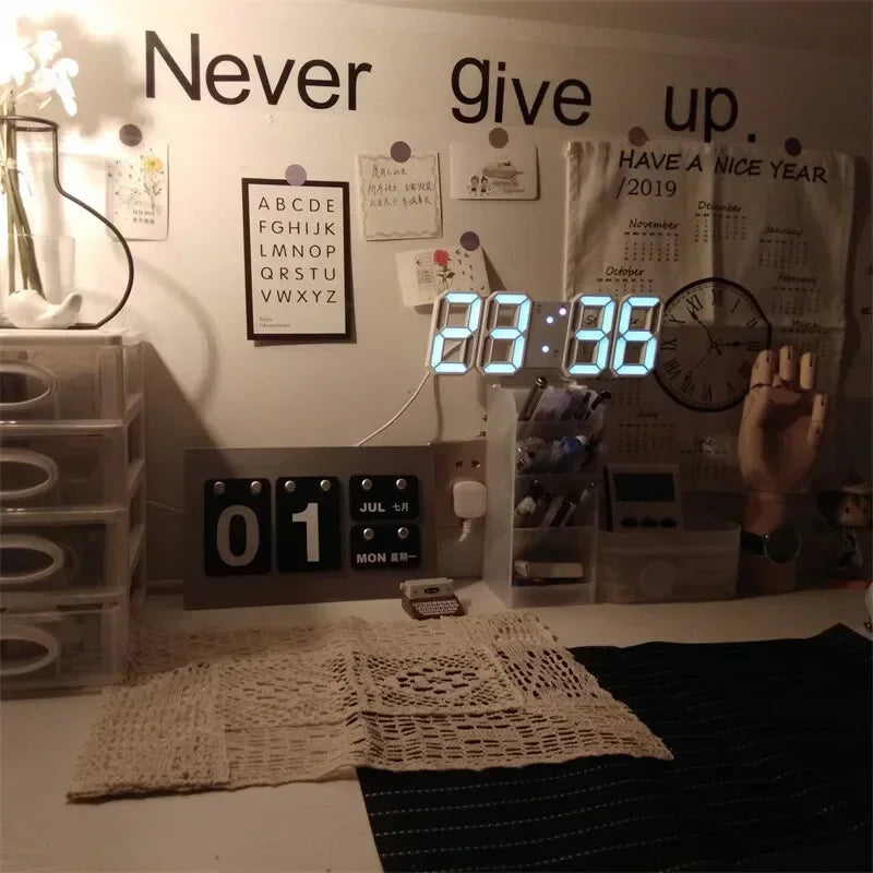 3D LED Digital Clock Wall  Glow Night Mode  Adjustable Electronic Watch