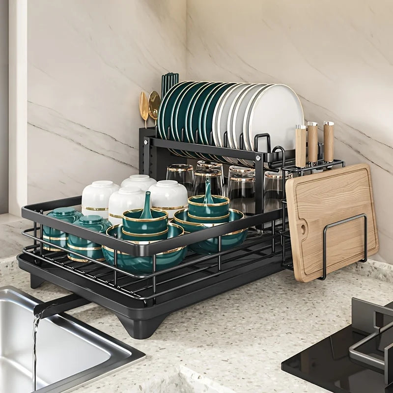 2-Tier Expandable Dish Drying Rack with Drainboard, Utensil Holder & Cutting Board Organizer