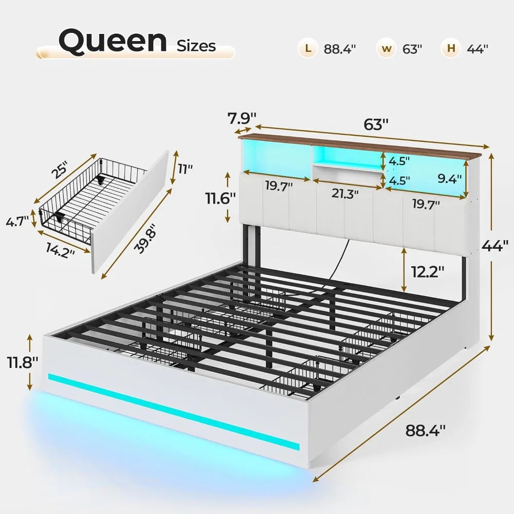 Queen Bed Frame with LED Lights, Charging Station & 4 Storage Drawers - No Box Spring Needed,