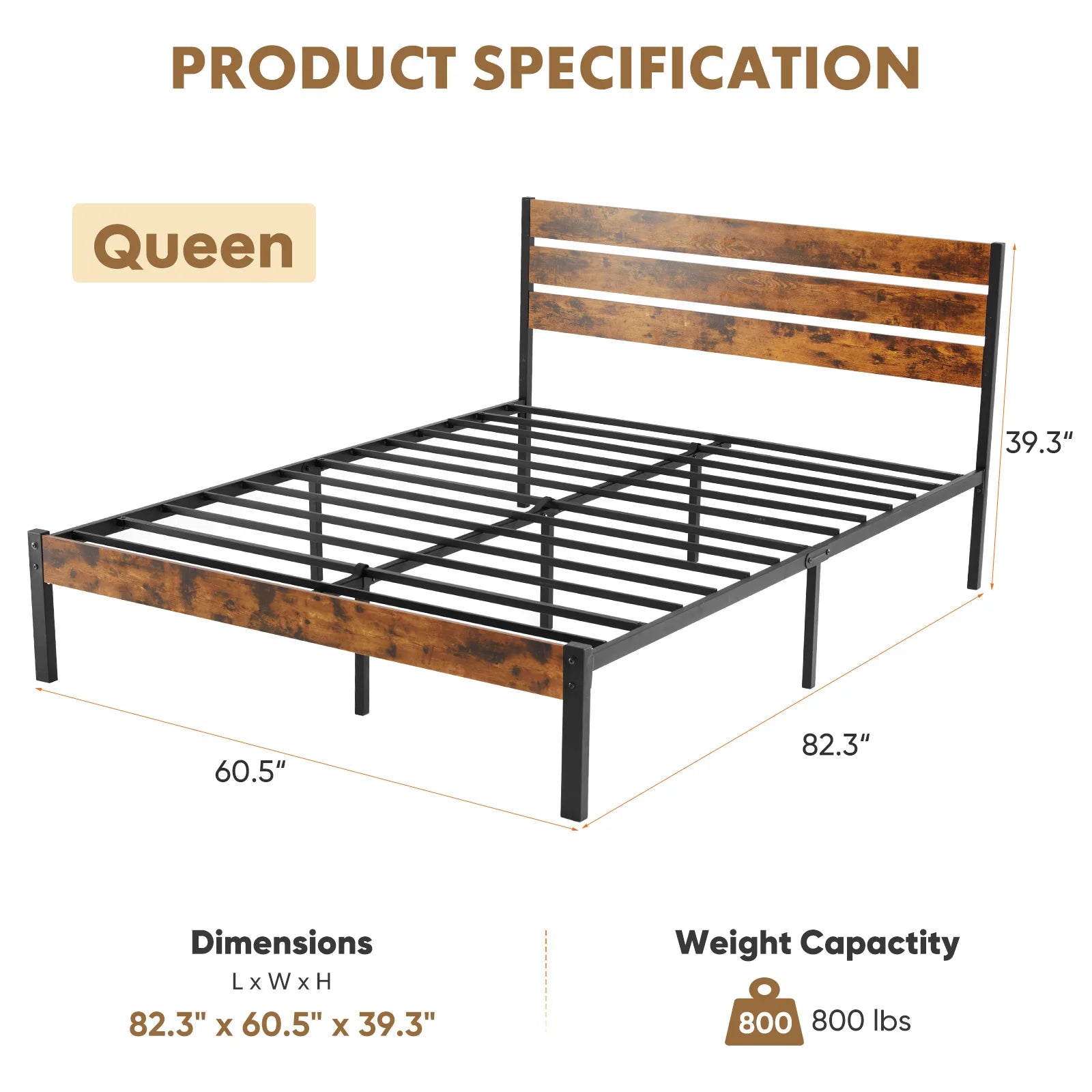 Wooden Headboard and Metal Platform Bed Frame No Box Spring Needed , 700LBS Sturdy Wooden Slats Support