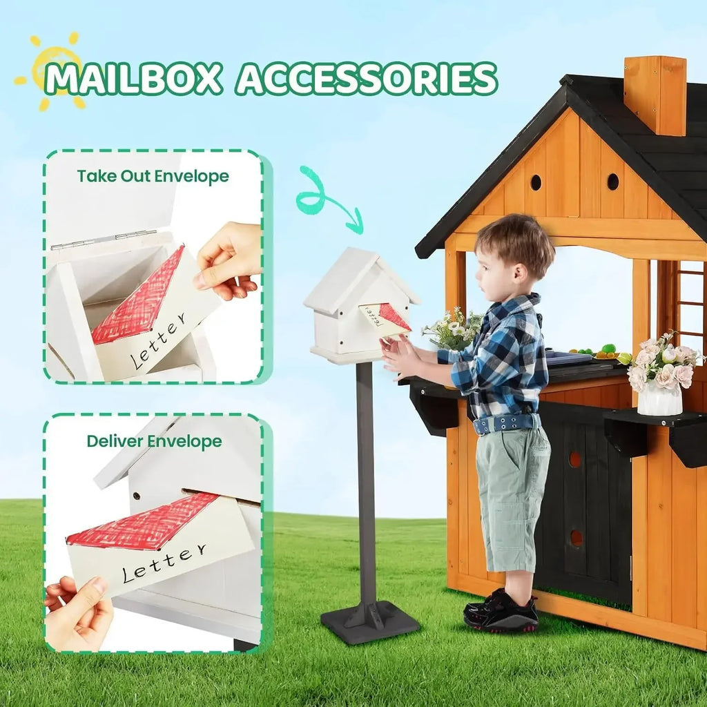 Kids Outdoor Playhouse with Sink Toys, Picnic Table, Mailbox, Spacious Wooden Toddler