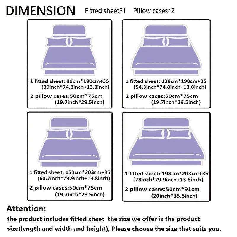 3pcs Cool  Digital Printing Material Plaid Fitted Sheet(1pc Bed Sheet+2pcs Pillowcase No Filling) Deep Pocket In 15 In