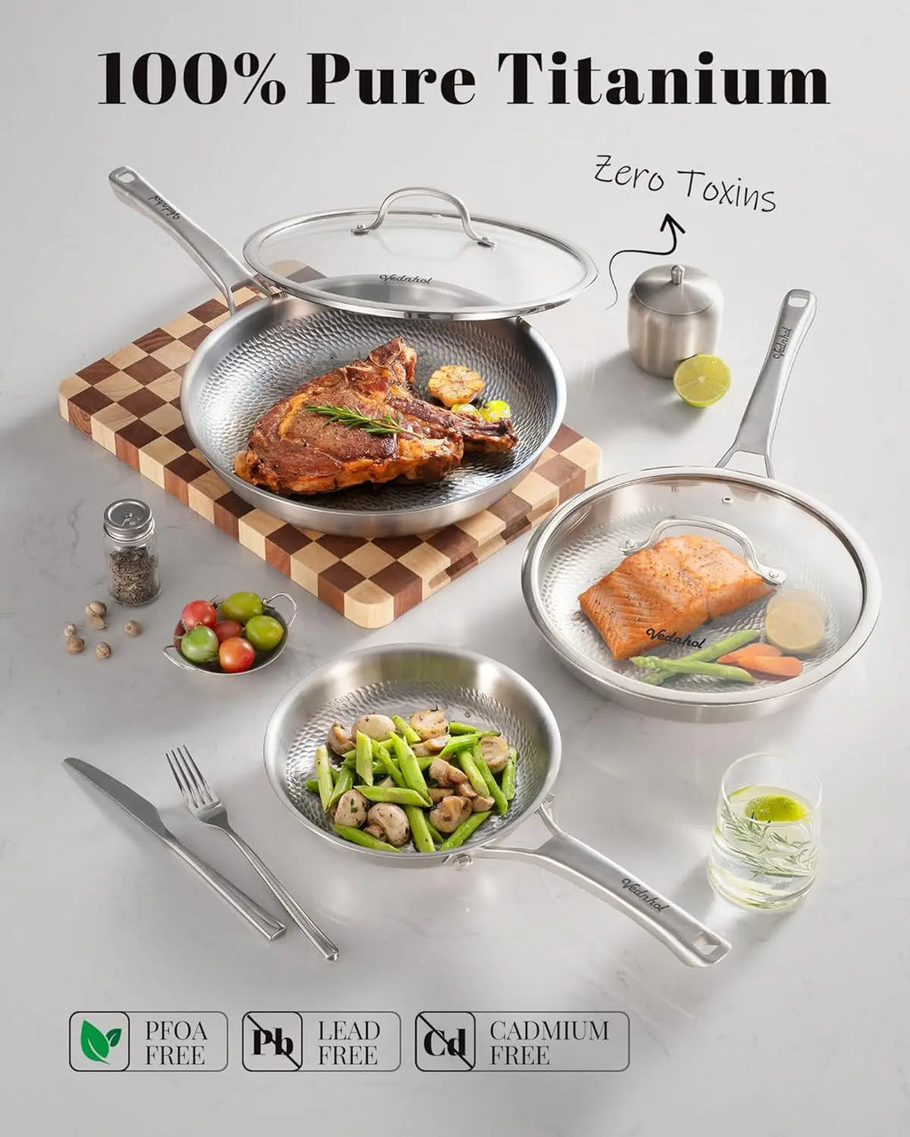 Pure Titanium Pan, 12 Inch  Hammered Pro frying pan with Lid, Non-Toxic Skillet