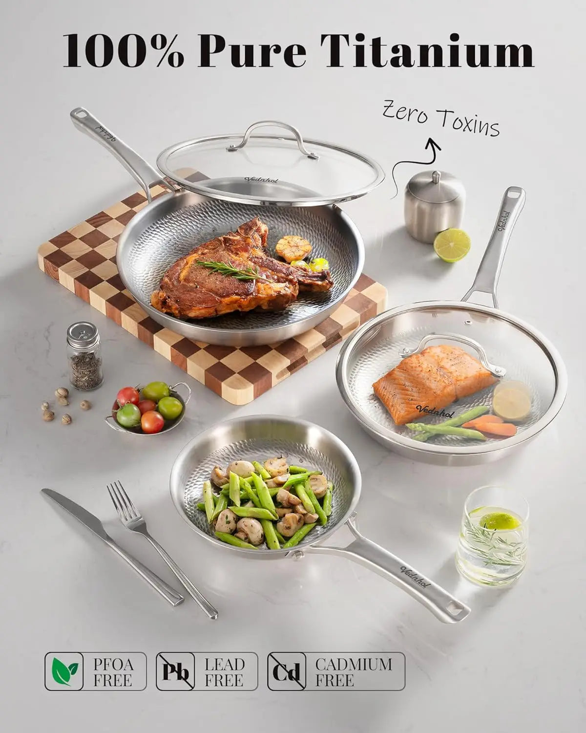 Pure Titanium Pan, 12 Inch  Hammered Pro frying pan with Lid, Non-Toxic Skillet