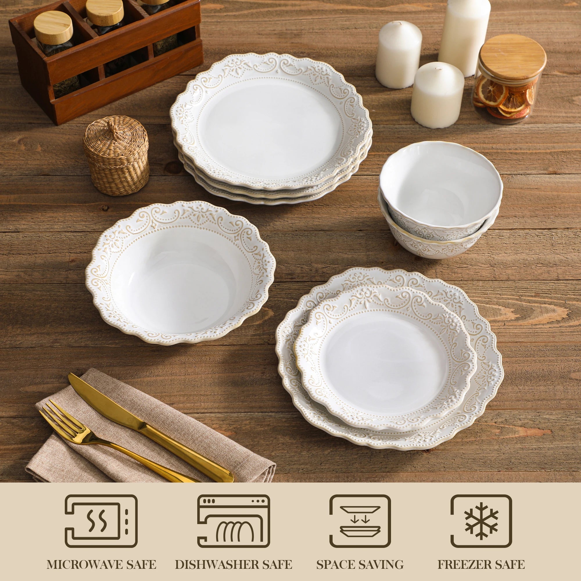 MALACASA 16/32 Piece Plates Dinner Sets  White Stoneware