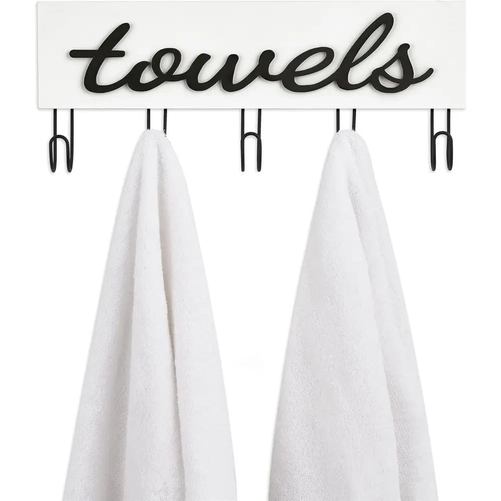 Rustic White Wood Wall-Mounted Towel Rack with Hooks