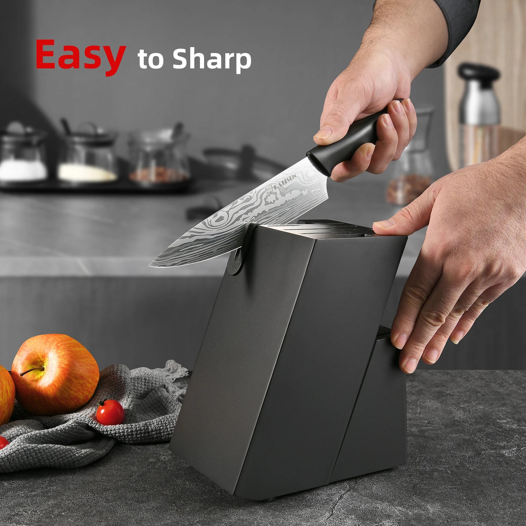 15 Pieces Kitchen Knife Block Set, Ergonomic Black Anti-Slip Handle with Red Trim, Includes Sharpener