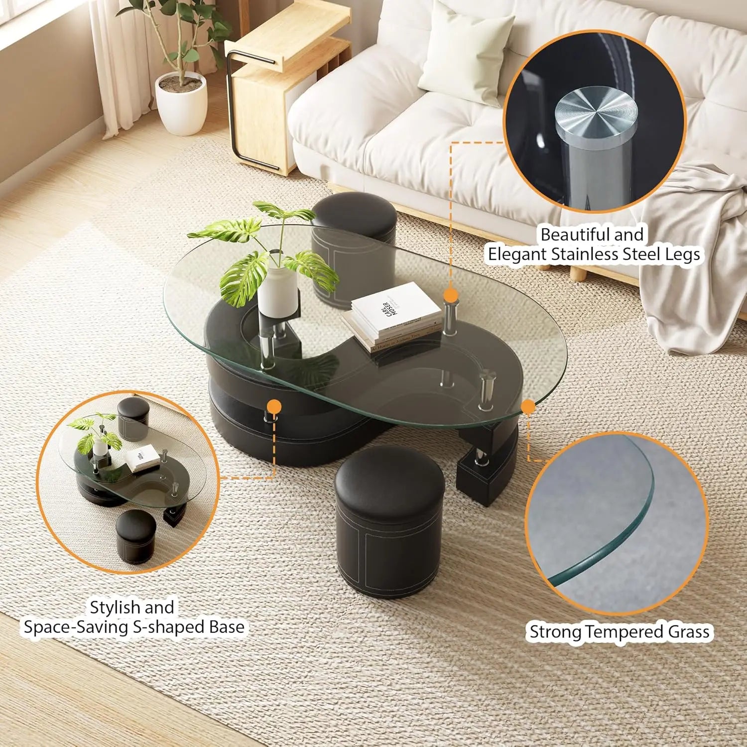 Modern oval glass coffee table set with 2 stools & tempered glass top