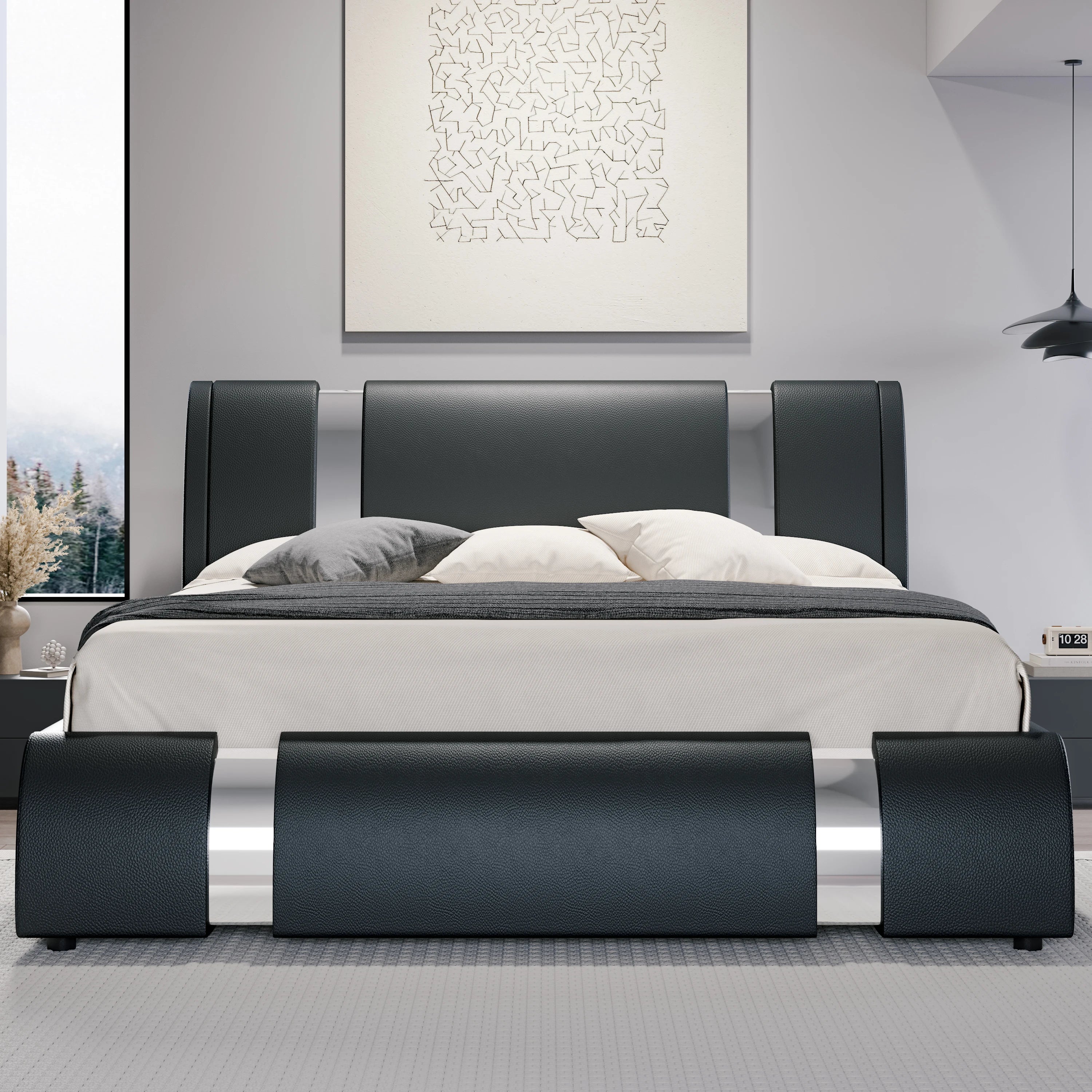 Faux Leather Bed Frame with Iron Pieces Decor, Low Platform  with Height-Adjustable Headboard