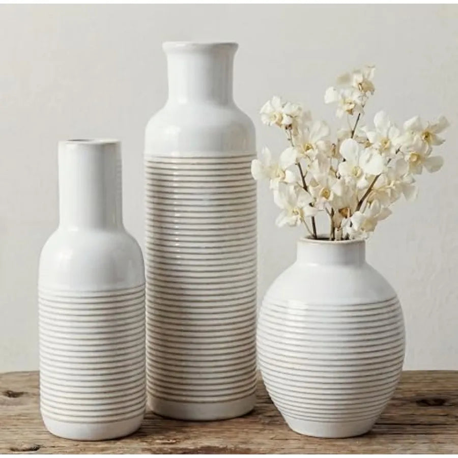 Rustic Farmhouse Ceramic Vase Set of 3 - - Pampas Grass Dried Fresh Flowers -