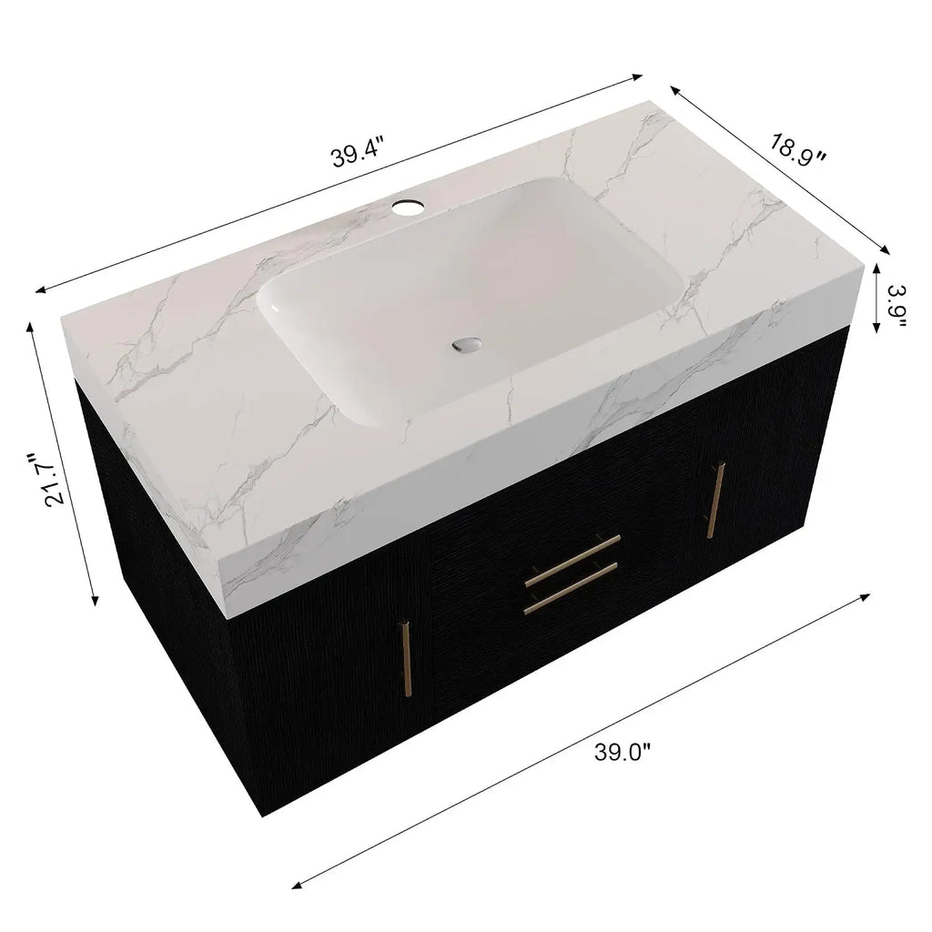 40" Modern Black Wall-Mounted Bathroom Vanity  with Ceramic Sink