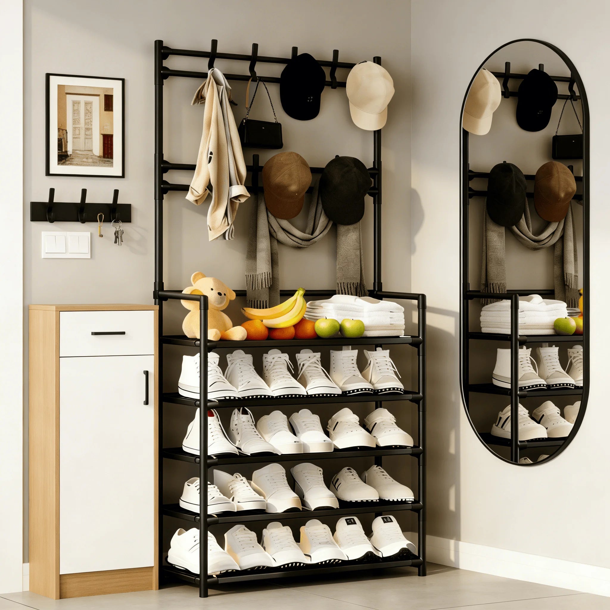 5- Standing Shoe Rack with Coat & Hat Hooks - Multi-Functional Entryway Storage Organizer