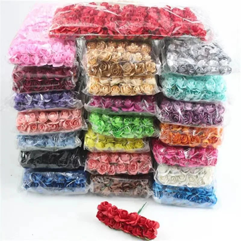 144PCS 1.5 cm Artificial Mini Paper Rose Flower Bouquet
