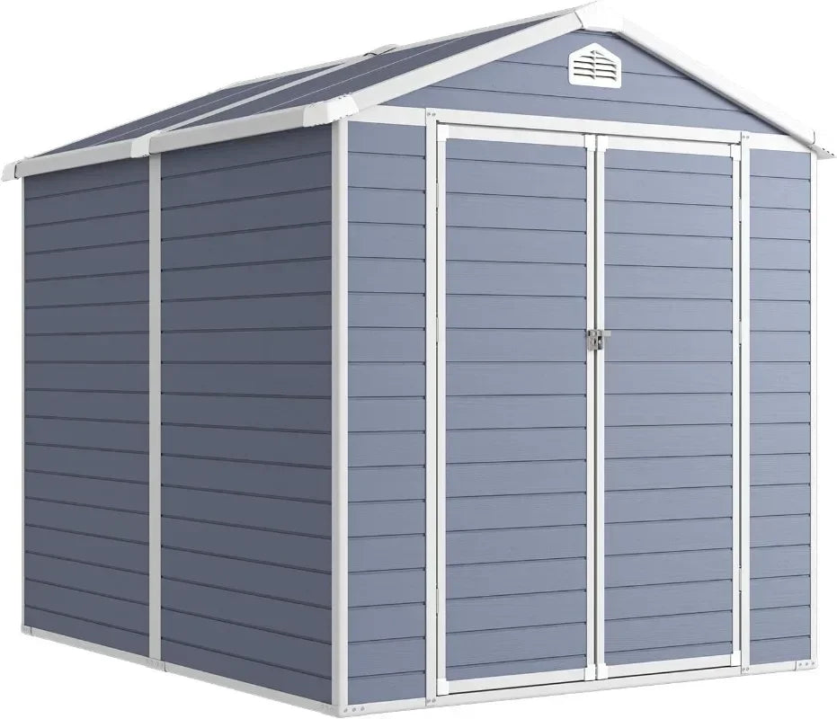 8 x 6 FT Outdoor Storage Resin Shed with Window, Floor & Lockable Doors, Waterproof Plastic Tool