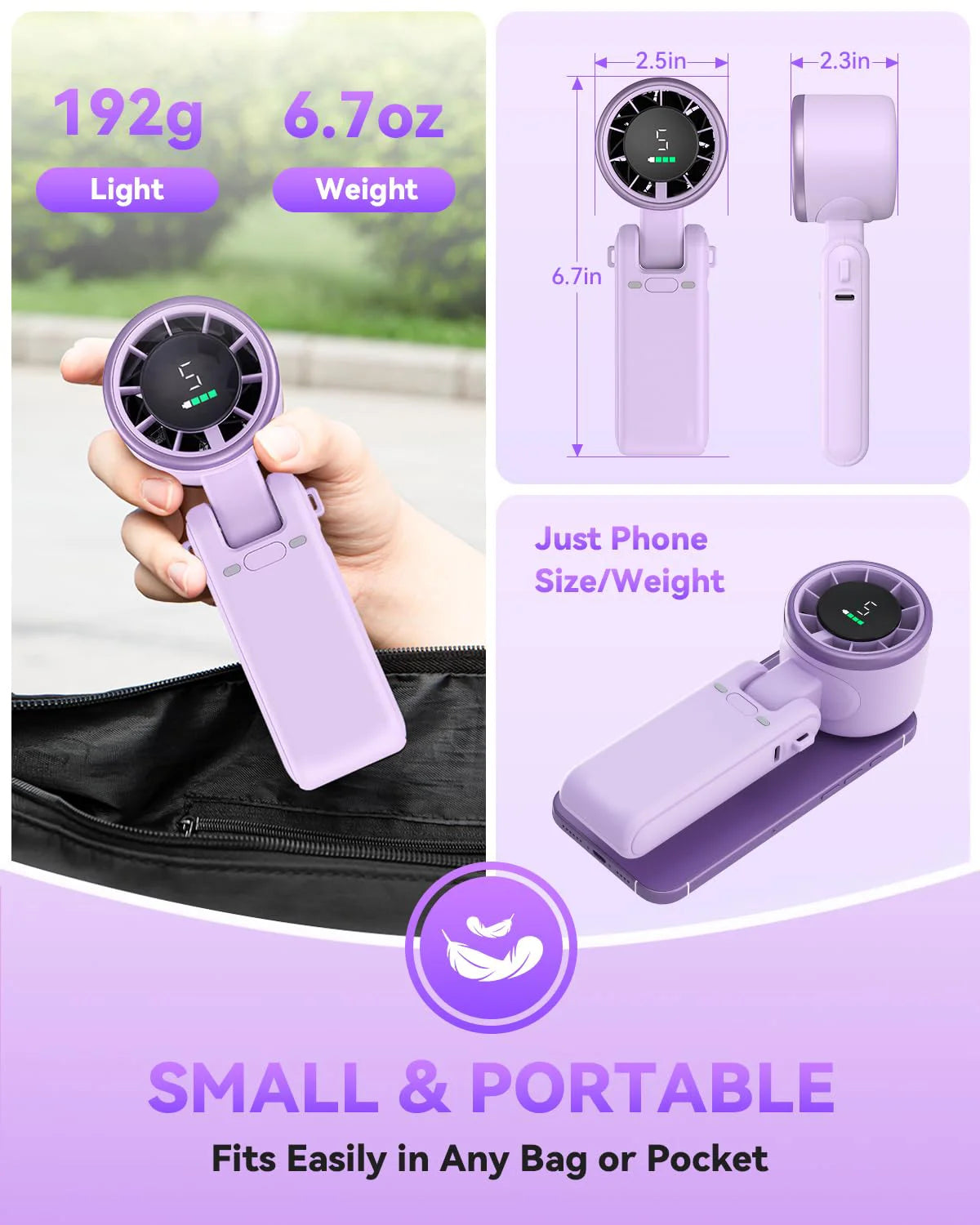Portable Handheld Turbo Fan, 5 Gear Wind, Battery Operated, Up to 12 Working Hours, 3 IN 1 Hand Fan with Air Turbo Tech Cooling