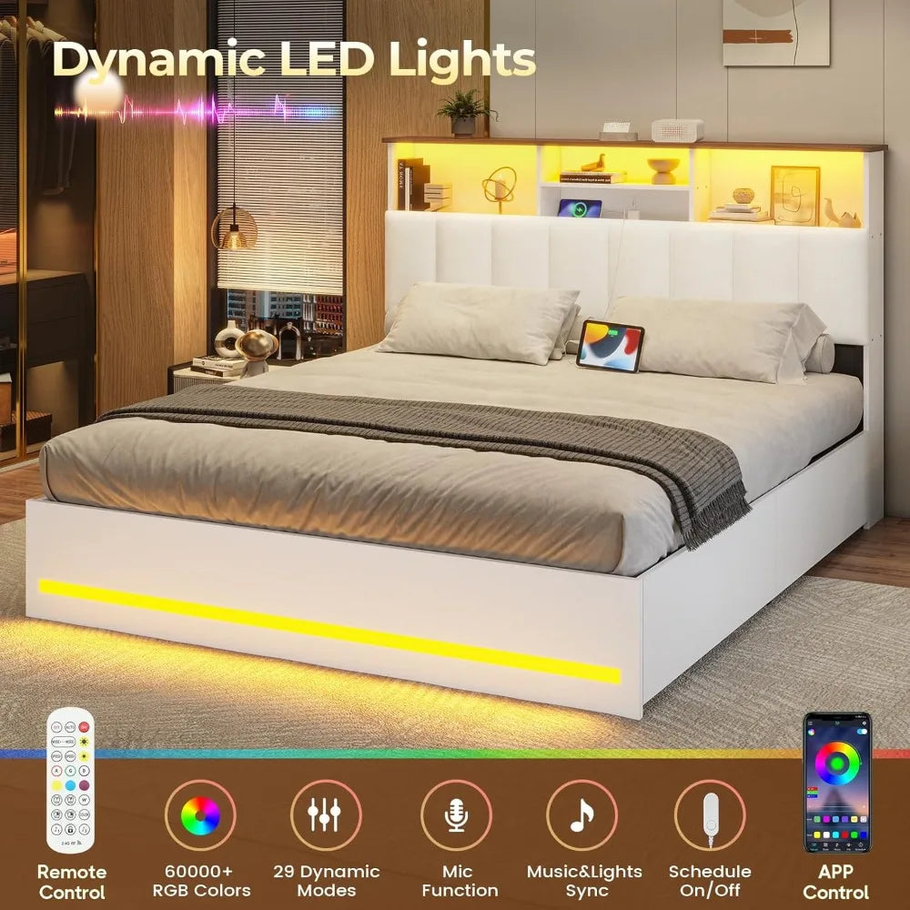 Queen Bed Frame with LED Lights, Charging Station & 4 Storage Drawers - No Box Spring Needed,