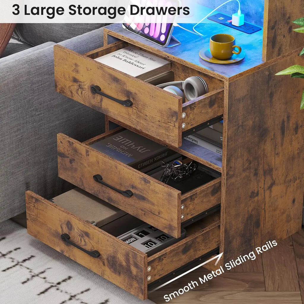 Tall LED Nightstand with Charging Station,  Rustic brown, Bedside Table