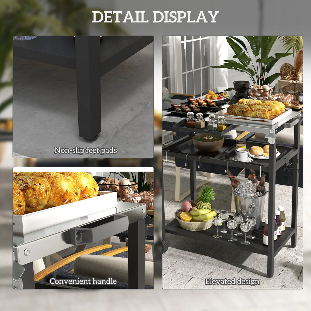 Outdoor Bar Table w/ 2-Tier Shelf, Serving Cart w/ Wheels