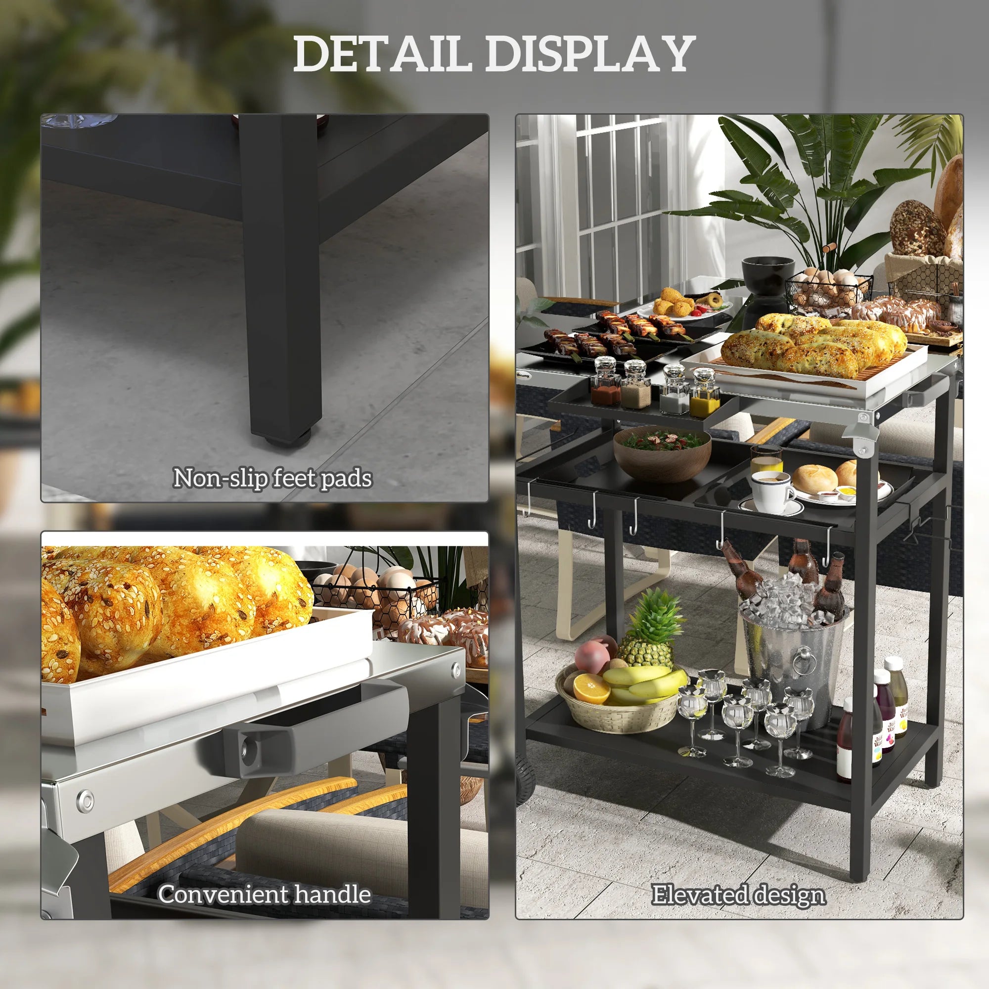 Outdoor Bar Table w/ 2-Tier Shelf, Serving Cart w/ Wheels