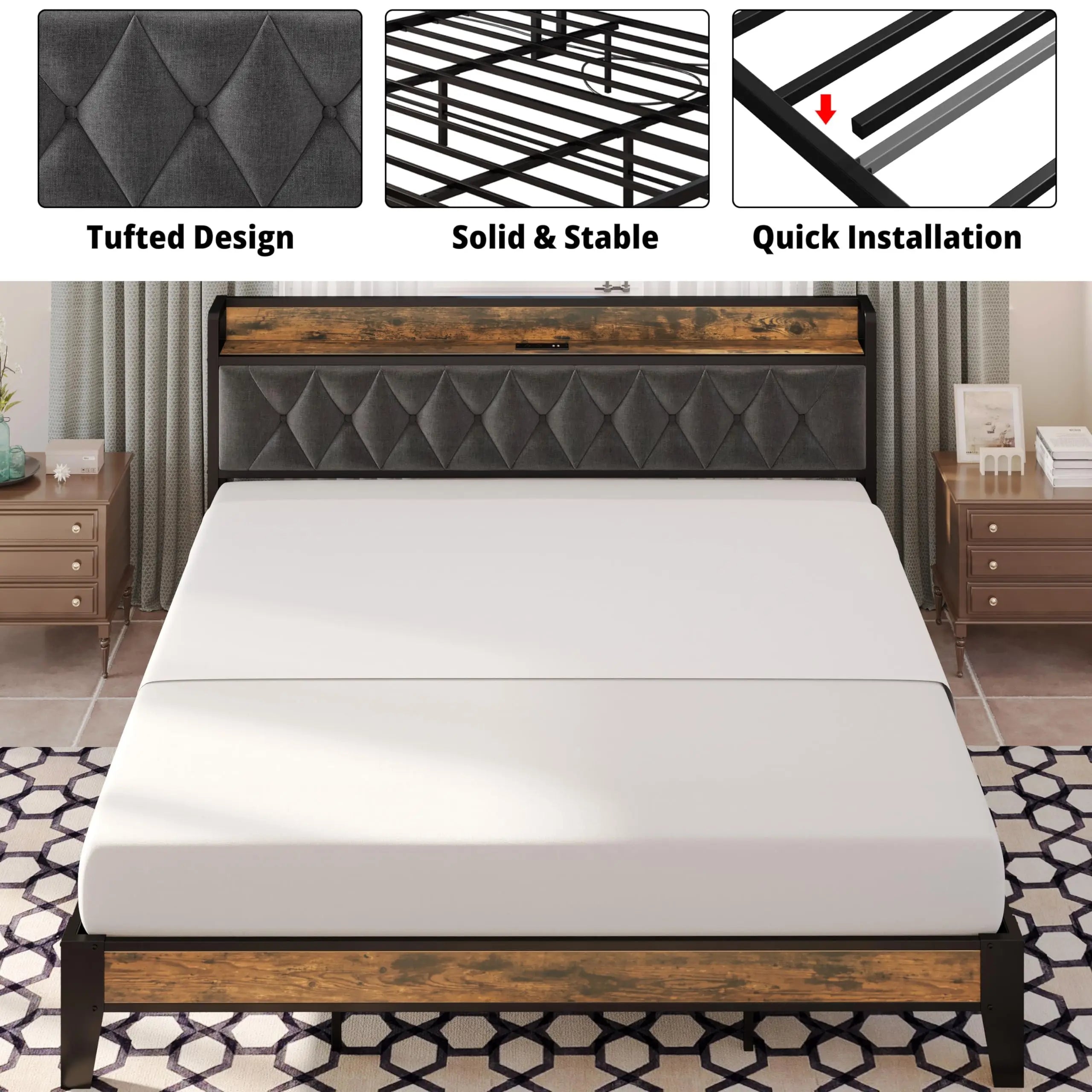 Twin/Twin XL/Full// Bed Frames, Storage Headboard with Outlets, No Noise, No Box Springs Needed
