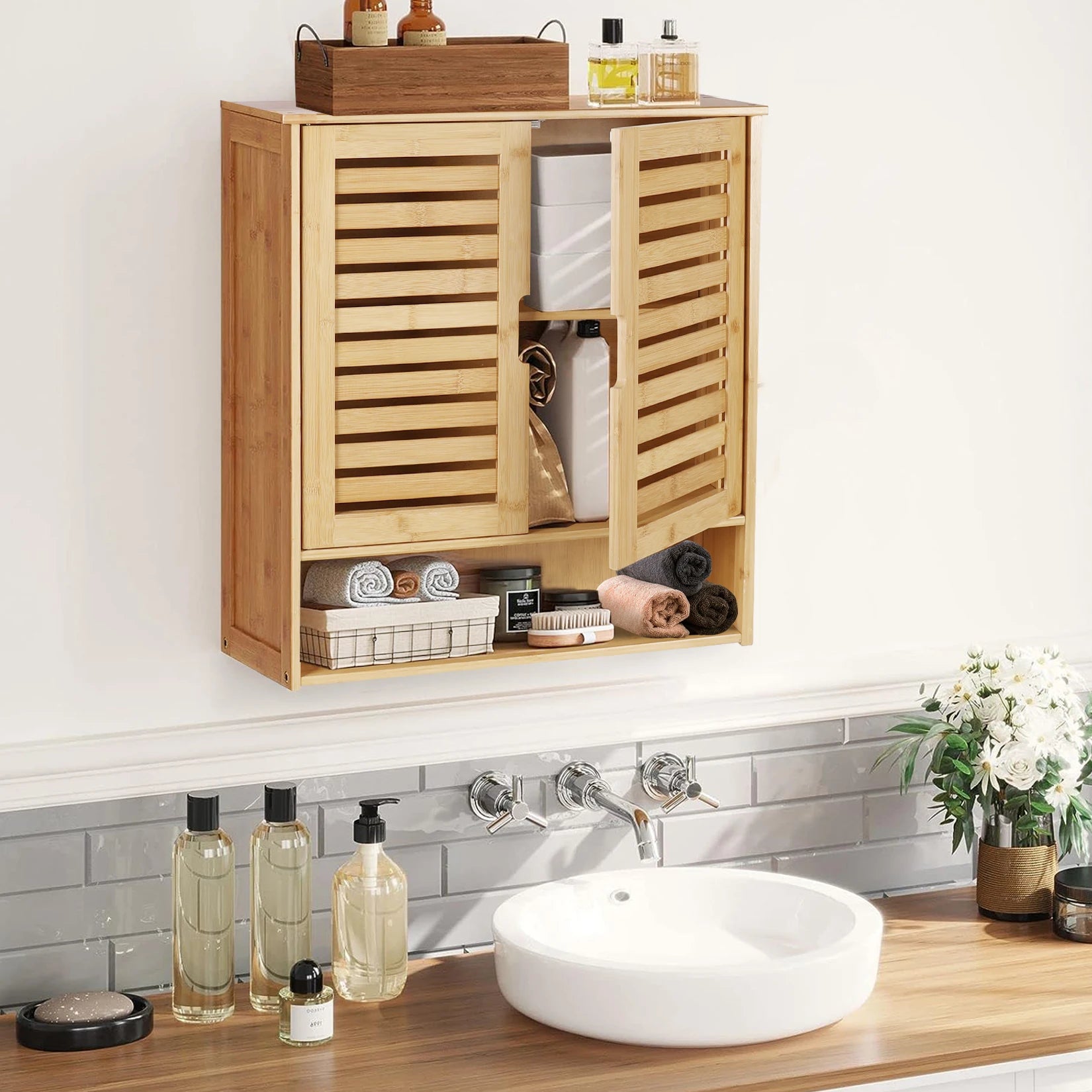 Wall Mounted Bamboo Bathroom Medicine  Cabinet Storage Shelf Cupboard Organizer Rack