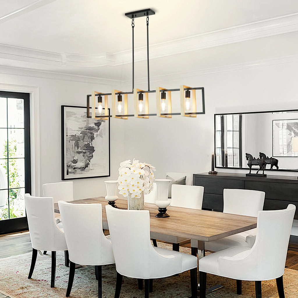 Modern Farmhouse Kitchen Island Light with Wood Shades- Dimmable  Chandeliers for Kitchen, Dining Room