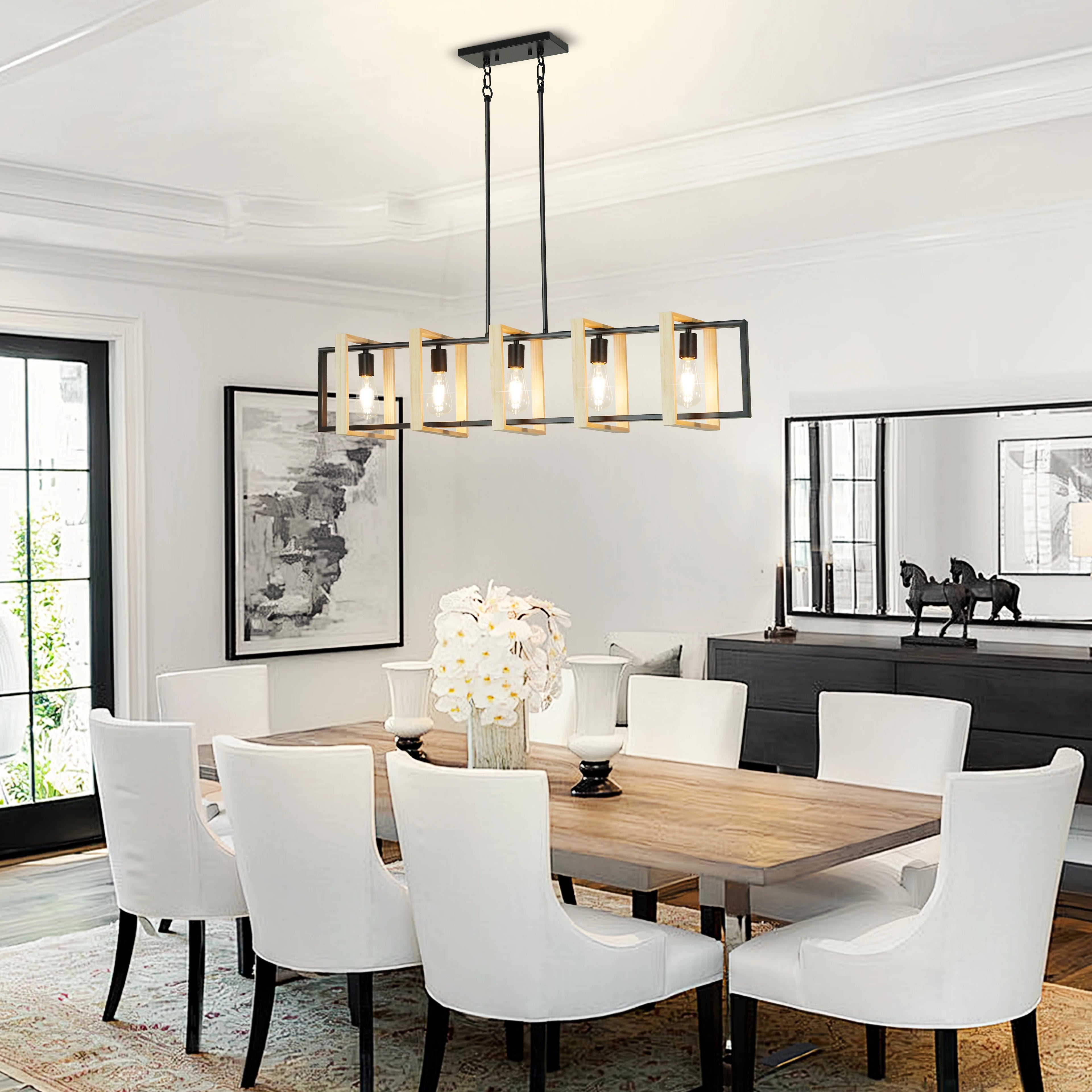 Modern Farmhouse Kitchen Island Light with Wood Shades- Dimmable  Chandeliers for Kitchen, Dining Room