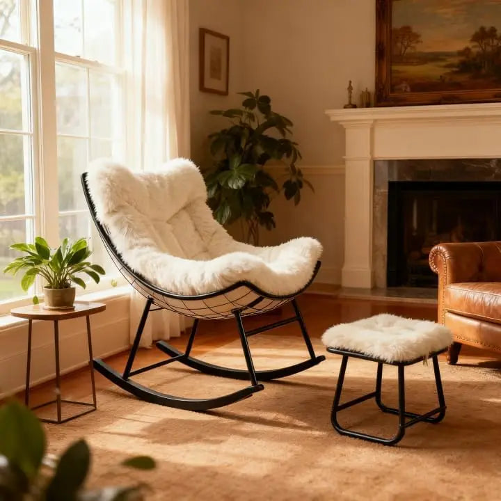 Outdoor Oversized Papasan Rattan Egg  Rocking Chair with Footrest, For, Patio ,  Balcony, Backyard ,Porch, Bedroom.