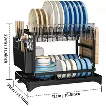 2-Tier Rotating Dish Drying Rack – 360° Swivel Drainboard  & Utensil Holder, No-Drill Metal Organizer