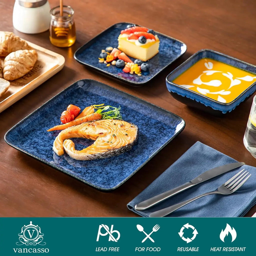 Stern Blue Square Dinnerware Set 16 Pieces Kitchen  Stoneware